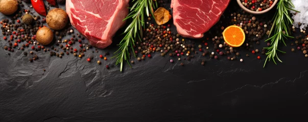 Foto op Canvas Raw fresh beef steak with seasonings ready to prepare. Black stone background. Free space for text. Banner photography. Top view. © Daniela