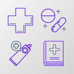 Obraz premium Set line Medical book, Ointment cream tube medicine, Medicine pill or tablet and Cross hospital medical icon. Vector