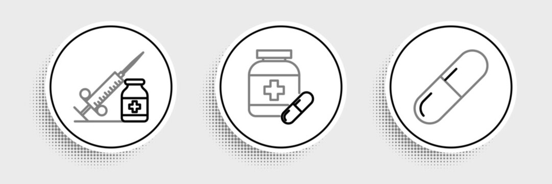 Set line Medicine pill or tablet, Medical syringe with needle and vial ampoule and bottle pills icon. Vector