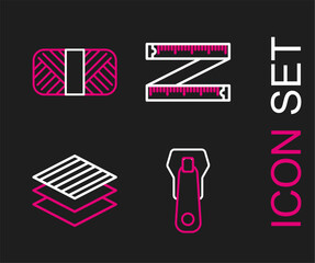 Set line Zipper, Textile fabric roll, Tape measure and Sewing thread on spool icon. Vector