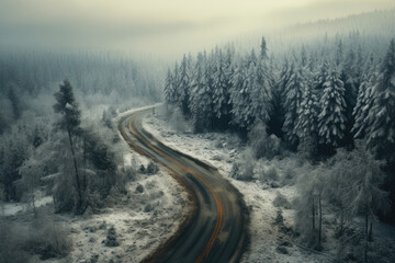 Obraz na płótnie Canvas Forest winter road, aerial view