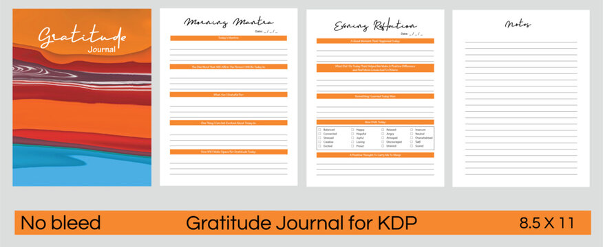 Gratitude journal template design with morning and evening gratitude, notes and cover for KDP. Mindfulness journal template, Self-improvement journal, Daily intention,  Size 8.5x11