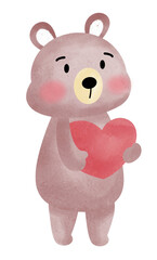 Cartoon brown bear standing and hugging a heart balloon For giving on Valentine's Day.