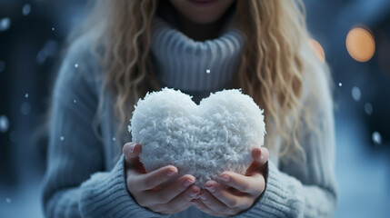 Heart of snow. Modeling. It lies on the palms on the gloves.