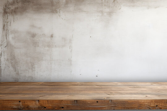 blank Wooden counter table in front of grunge white concrete background,vintage minimal product mockup