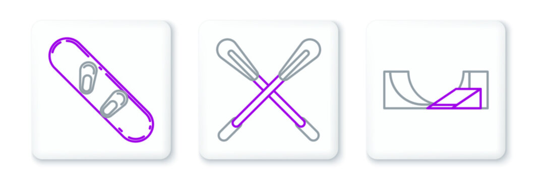Set line Skate park, Snowboard and Crossed paddle icon. Vector
