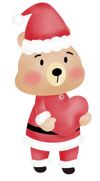 Cartoon Santa Claus bear hugging a heart balloon to be given at Christmas.