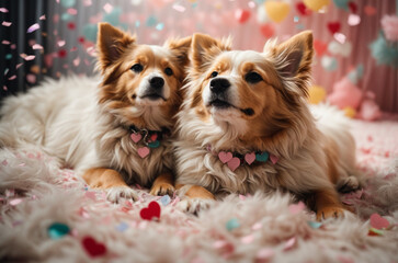 Fototapeta na wymiar Cute brown dogs under colorful heart-shaped confetti. Concept of love, friendship, family, Valentine's day. AI generated