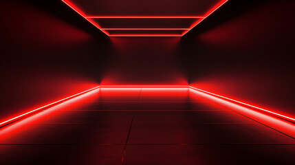 Bright red neon laser lights illuminate the darkness creating lines and triangle shapes in sci-fi effect. - obrazy, fototapety, plakaty