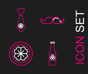 Set line Beer bottle with four leaf clover, Gold coin, Mustache and Tie icon. Vector