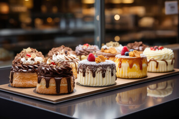 Appetizing mini cakes with cream on a store window