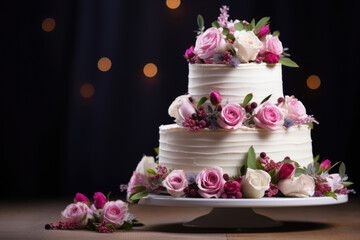 Obraz na płótnie Canvas Delicate multi-level wedding cake decorated with flowers