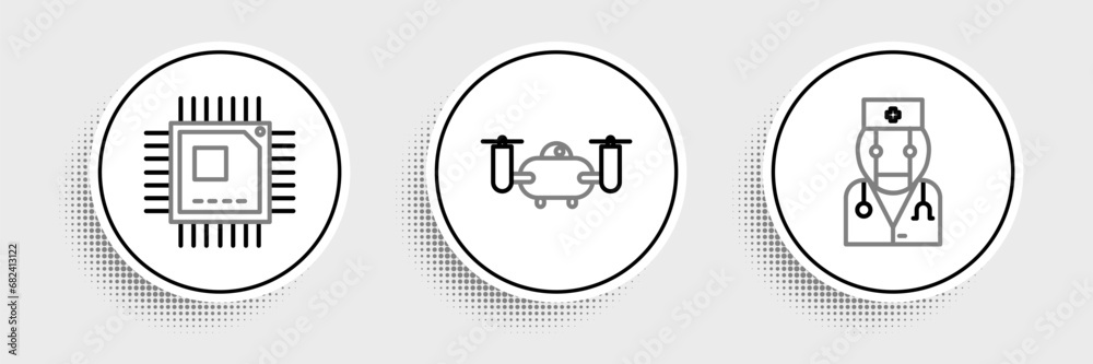 Poster set line robot doctor, processor with microcircuits cpu and drone flying action camera icon. vector