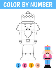 Color by number game for kids. Cute nutcracker in cartoon style. Christmas coloring page. Printable worksheet with solution for school and preschool. Learning numbers activity.
