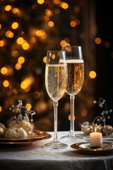 Two glasses of champagne with lights bokeh background