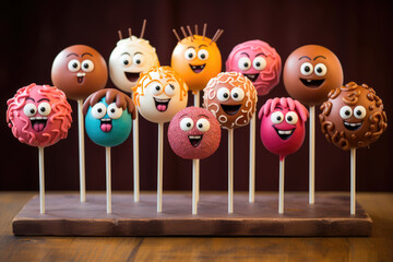 Colored cake pops with little faces. Candy bar for birthday - obrazy, fototapety, plakaty