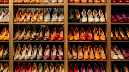 Background with shoes on shelves of shop - obrazy, fototapety, plakaty
