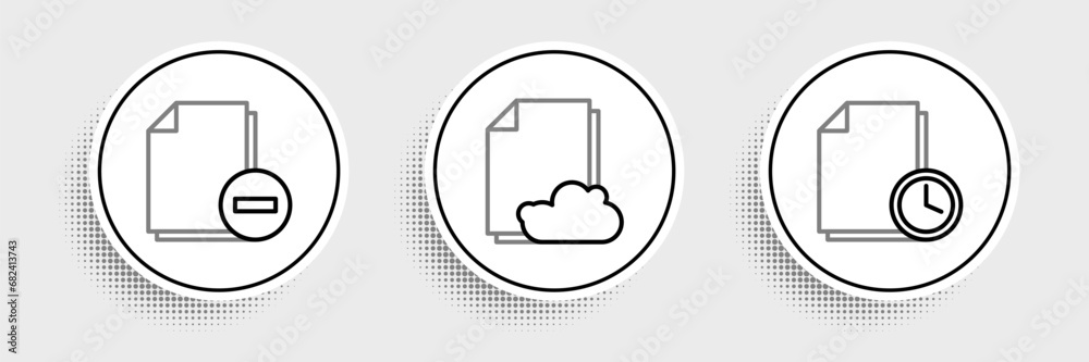 Poster set line document with clock, minus and cloud storage text document icon. vector