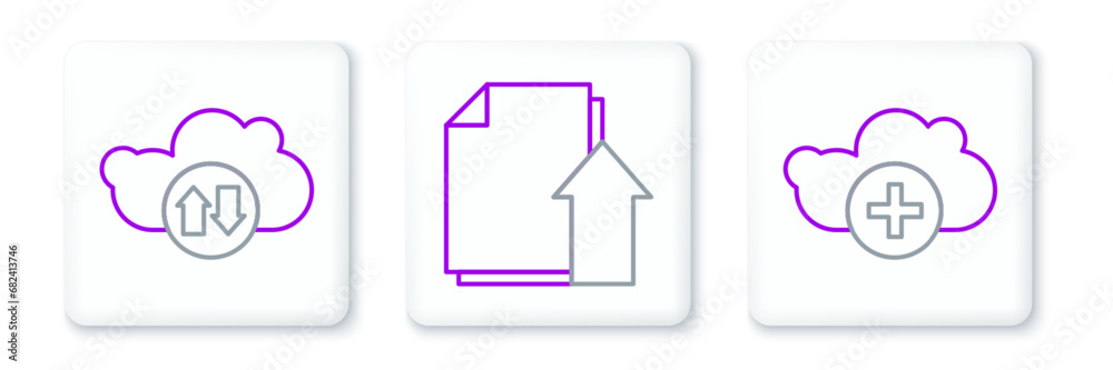 Poster set line add cloud, cloud download and upload and upload file document icon. vector