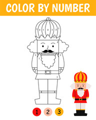 Color by number game for kids. Cute nutcracker in cartoon style. Christmas coloring page. Printable worksheet with solution for school and preschool. Learning numbers activity.
