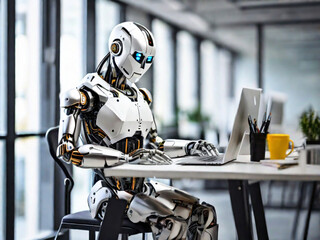 A modern robot works in an office on a laptop, demonstrating the usefulness of automation in performing repetitive and tedious tasks. - obrazy, fototapety, plakaty
