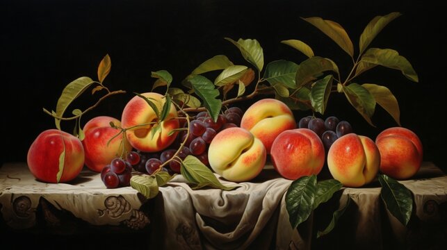 an elegant, Renaissance-style painting of stone fruits