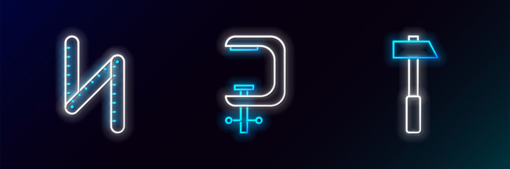 Set line Hammer, Folding ruler and Clamp and screw tool icon. Glowing neon. Vector