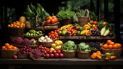 big choice of fresh fruits and vegetables on market counter - Powered by Adobe