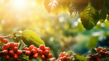 Close up Fresh organic red coffee cherries, raw berries coffee beans on coffee tree plantation. - obrazy, fototapety, plakaty