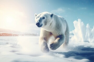 Polar bear sprinting on glacier surface. Artic wildlife bear running in frost habitat. Generate ai