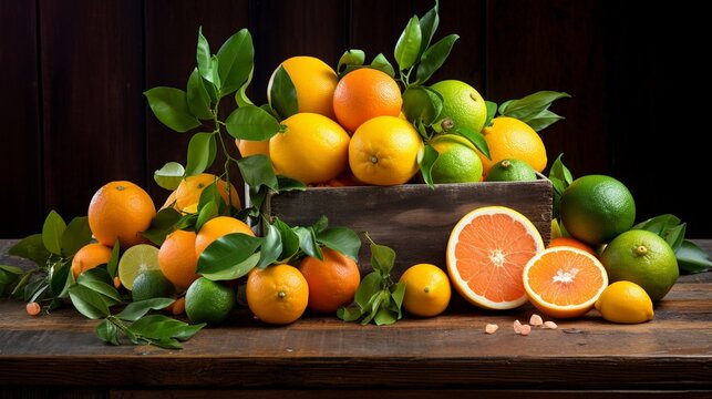 an elegant still life image featuring a group of vibrant citrus fruits, including oranges, lemons, and limes, on a rustic wooden tabletop