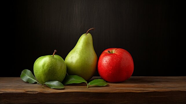 an elegant still life image featuring a red apple and a green pear on a wooden tabletop