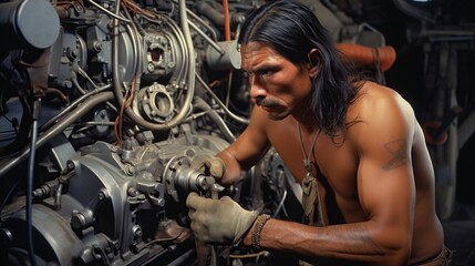 Fototapeta na wymiar Native American Indigenous in professional engineers, electricians, mechanics, operators and technicians setting. Indigenous people in leadership positions.