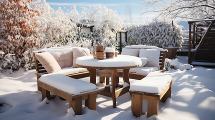 Patio garden furniture, wooden table and chairs covered with snow in winter, UK - Powered by Adobe