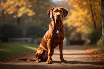 A gracefully poised Viszla dog, with its distinctive reddish coat shining under the sunlight
