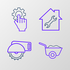 Set line Wheelbarrow, Electric circular saw, House repair and Settings in the hand icon. Vector