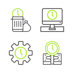 Set line Time is money, Management, Monitor time and Waste of icon. Vector