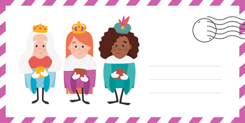 Envelope of the wise women. The three Queens of orient, Melchiora, Gasparda and Balthazara. Funny vectorized letter.