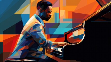 Cubist-style poster or flyer features a jazz pianist who is a male Afro-American musician creating music on a piano in a computer-generated AI stock