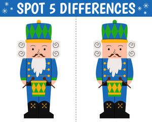 Cute nutcracker in cartoon style. Find 5 differences. Educational matching christmas game for children. Printable worksheet with solution for school and preschool.