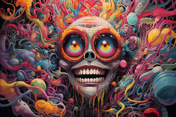 psychedelic man alien hybrid with big eyes background