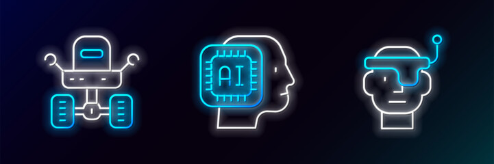 Set line Smart glasses, Mars rover and Humanoid robot icon. Glowing neon. Vector