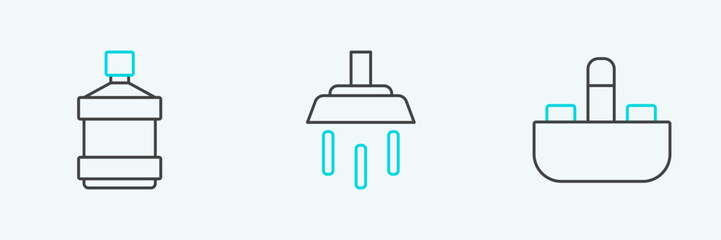 Set line Washbasin with water tap, Big bottle clean and Shower icon. Vector