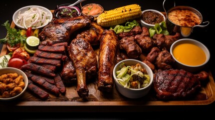 an image of a barbecue sampler platter with a bit of everything, including sausage, ribs, and chicken - obrazy, fototapety, plakaty
