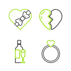 Set line Wedding rings, Champagne bottle, Broken heart and Candy shaped box icon. Vector