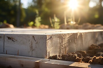 A stem wall slab foundation during the summer morning