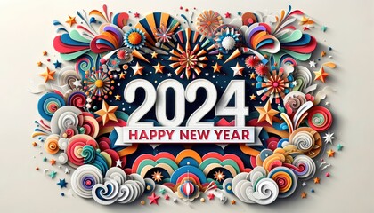 Happy New Year 2024 background, 3D paper art style celebration with layered ribbons, stars and balloons. - obrazy, fototapety, plakaty