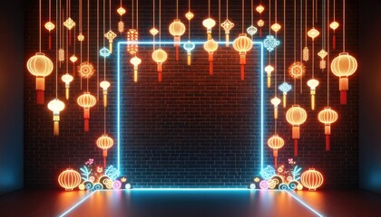 Chinese festival decoration background Brick wall with neon lights, Chinese decor theme Complete with hanging Chinese lanterns and festive decorations.