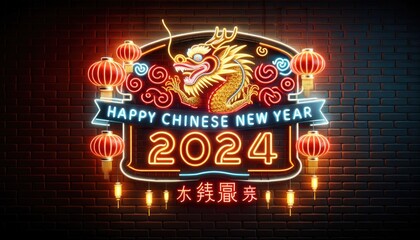 Chinese New Year 2024 background, brick wall with neon lights, Chinese New Year 2024, dragon elements with zodiac year of the dragon with hanging Chinese lanterns and festive decorations. - obrazy, fototapety, plakaty