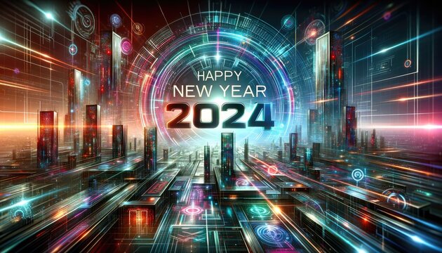 Happy New Year 2024 Background. Futuristic Colorful Digital Circuit Board With Bright Neon Lights. And Happy New Year 2024 Text, Sci-fi Technology Background